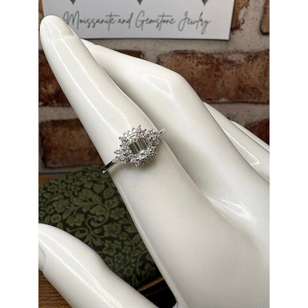 Size 6 Emerald Cut Halo Vintage Frame Moissanite Ring 1.04 CTW 925 Sterling